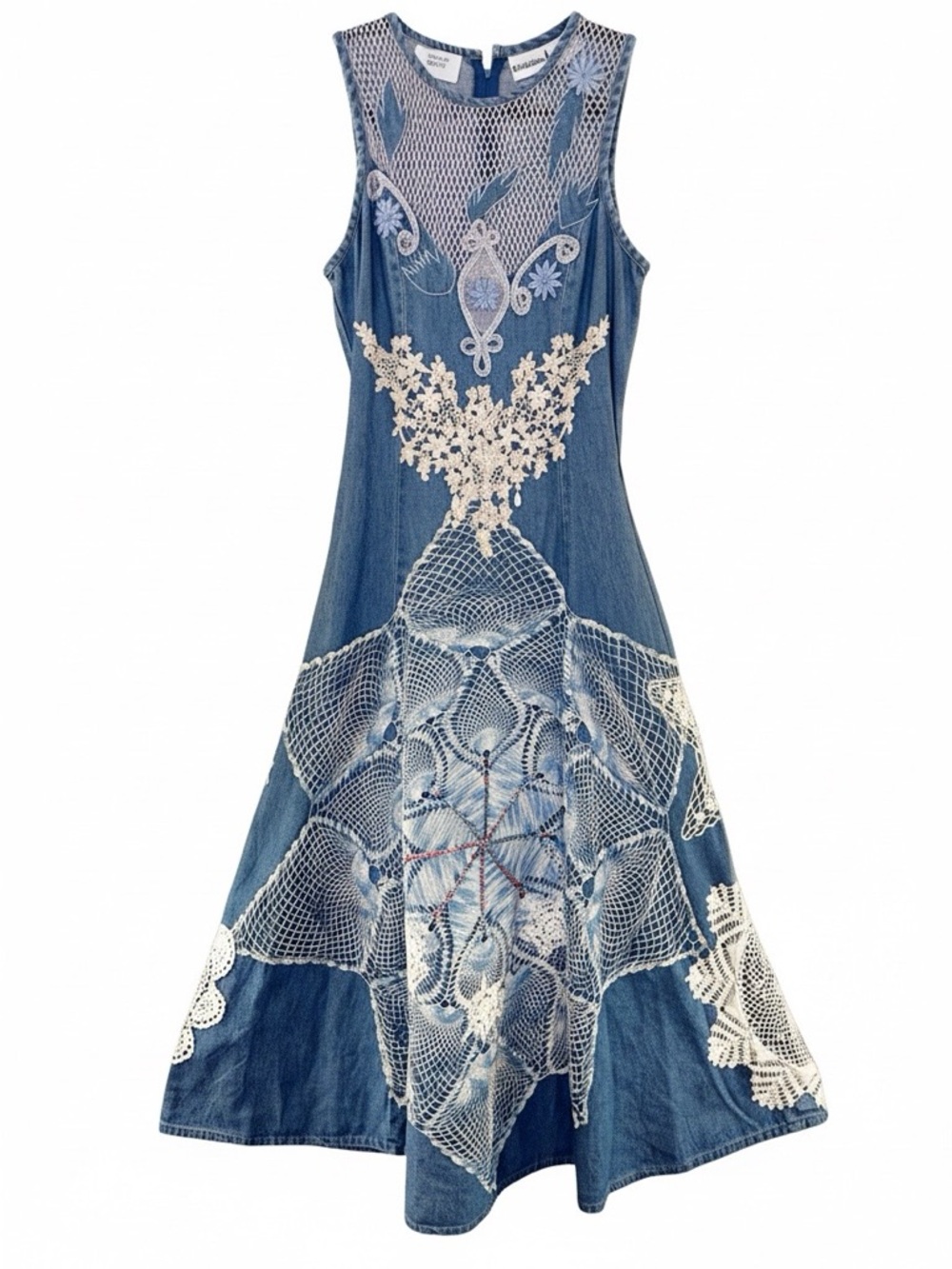 OOAK! Vtg 70s Upcycled Boho Denim Maxi Dress Lace Pearls & Crochet Appliqué Sz S
